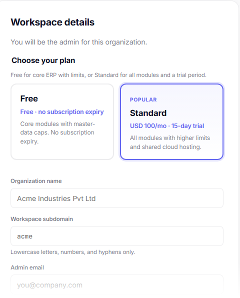 The actual TOSS ERP sign-up form: pick a plan, name your company, and go.